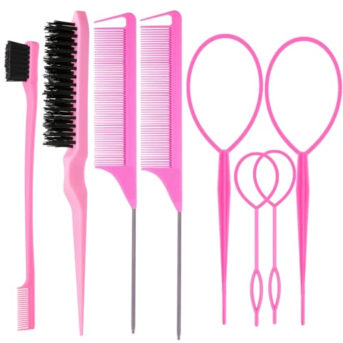 ZVOREI 8Pcs Hair Brushes Set with 4Pcs Topsy Hair Tail Tools 1Pcs Bristle Teasing Hair Brush 1Pcs Edge Control Brush 2Pcs Metal Pin Rat Tail Combs for Woman Girl Hair Styling,Edge&Back Brushing Pink