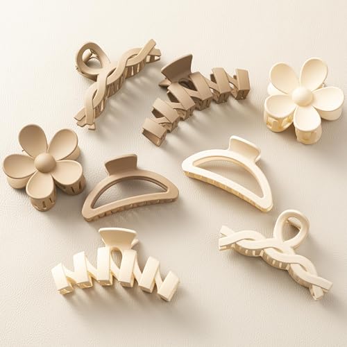 8PCS Hair Clips for Women, Flower Claw Clips for Thick Hair, Non-Slip Hair Accessories with Multi-Styles, Neutral Colors Hair Claw Clips and Variety Pack, Ideal for Girls